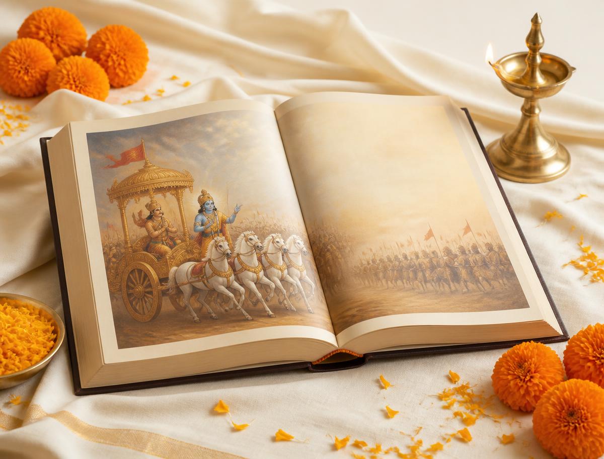 Bhagavad Gita open beside a brass lamp and marigolds