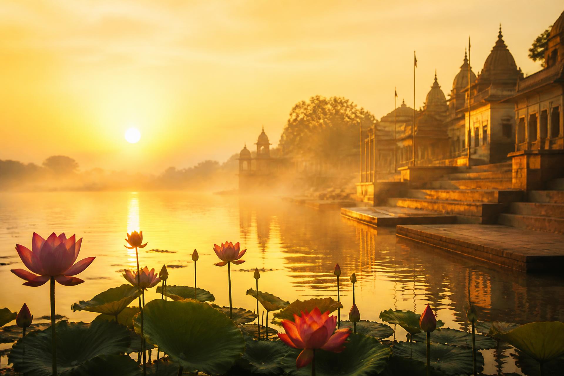 Sunrise over a river ghat with blooming lotuses